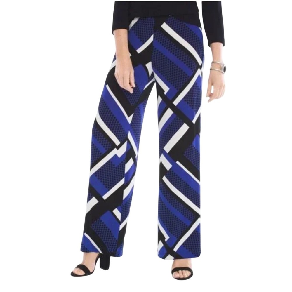 Chicos Travelers Pants 3 XL 16 Blue Geometric Abstract Mod Wide Leg Trousers